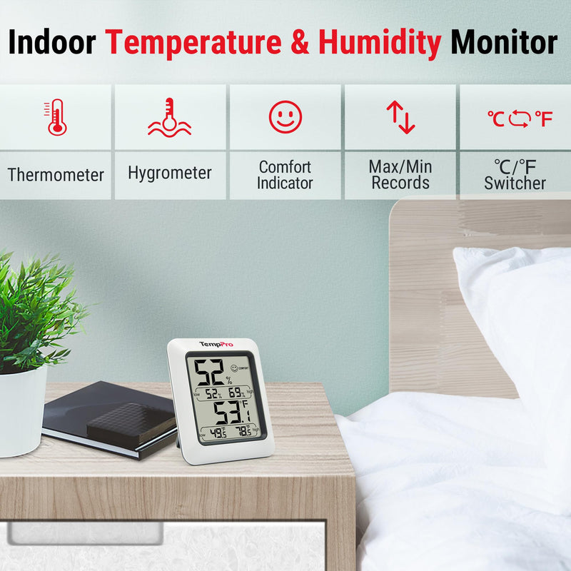 TempPro TP50 3 Pieces Digital Hygrometer Indoor Thermometer Room Thermometer and Humidity Gauge with Temperature Humidity Monitor (Previously ThermoPro) White