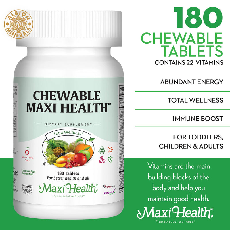 Maxi Health® Kids Multivitamin with Iron, Chewable (180 Tablets) | Kosher | Multivitamin for Kids with Iron & Zinc | Cherry Chewables for Daily Nutrition Support | Non-GMO | Doctor Formulated 180 Count (Pack of 1)