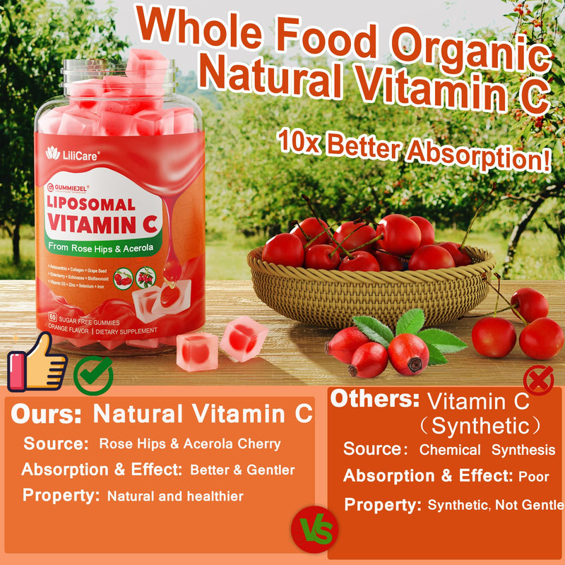 Natural Liposomal Vitamin C 1000mg Gummies for Adults & Kids 9+, Chewable Vitamin C w/ 11mg Zinc, D3, Elderberry, Echinacea, , Bioflavonoid, Immune Support, Whole Food VIT C from Fruits, Sugar Free 60 Count (Pack of 1)
