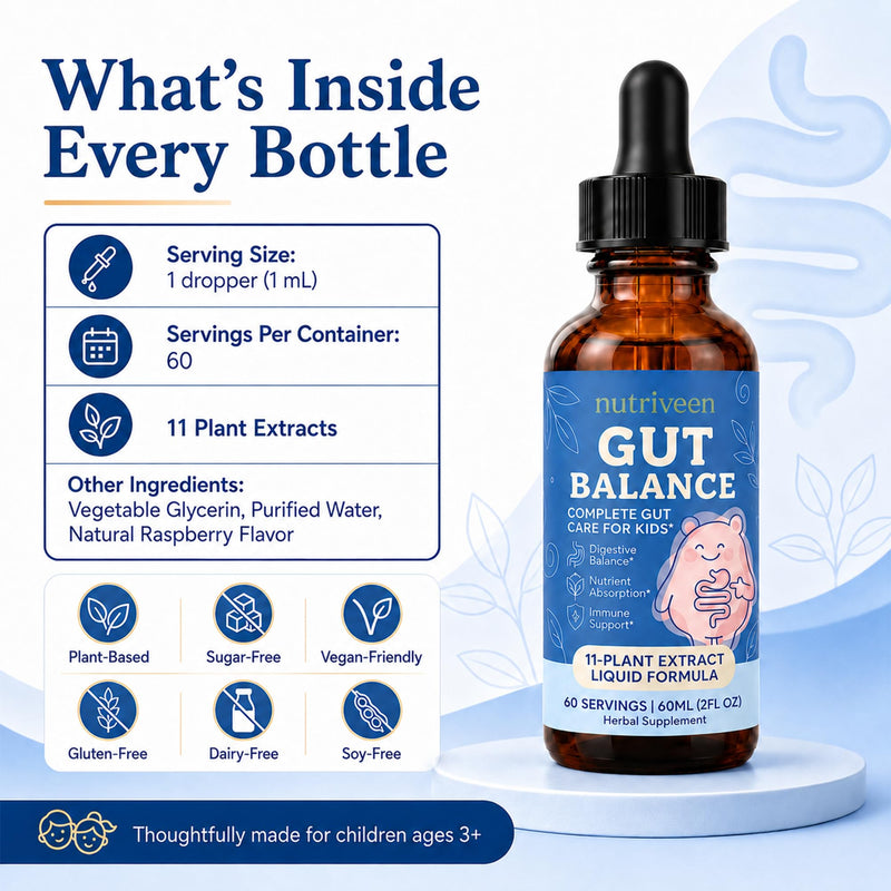 Gut Balance for Kids, 11-Plant Liquid, Raspberry, 60 Servings | Measured dropper, plant-based formula, no pills or capsules, simple daily use