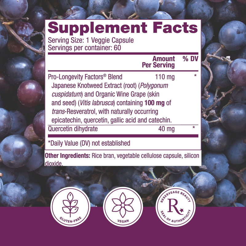 Reserveage Beauty, Resveratrol 100 mg, Antioxidant Supplement for Heart and Cellular Health, Supports Healthy Aging and Immune System, Paleo, Keto, 60 Capsules (60 Servings) 60 Count (Pack of 1)