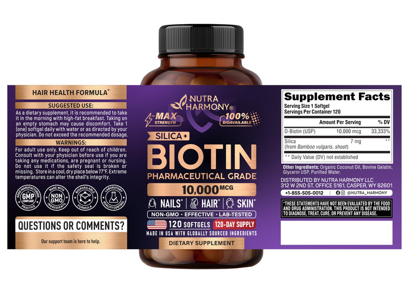 Biotin 10000mcg + Silicon - Pharmaceutical Grade Biotin - 120 Softgels | Biotin Supplement for Hair Growth Support, Skin & Nails for Women - Max Strength & 100% Bioavailability - 120-Day Supply