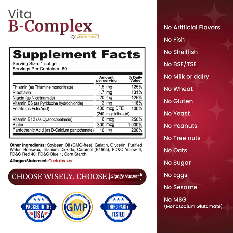 SIGNIFY NATURE VitaBComplex – B Complex Vitamins for Men & Women, 60 CT | All 8 B vitamins, B1, B2, B3, B5, B6, B8, B9, B12, super B softgels, BComplex, supports healthy hair, skin & nails supplement