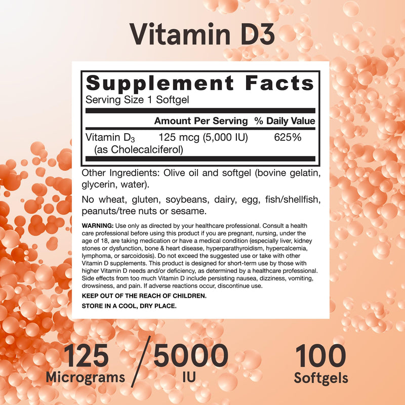 Jarrow Vitamin D3 Supplements 125 mcg (5,000 IU), 100 Softgels | Vitamin D Supplement For Bone Health, Immune Support & Calcium Metabolism Support, Gluten Free, D3 Vitamins, 100 Servings Unflavored 100 Count (Pack of 1)