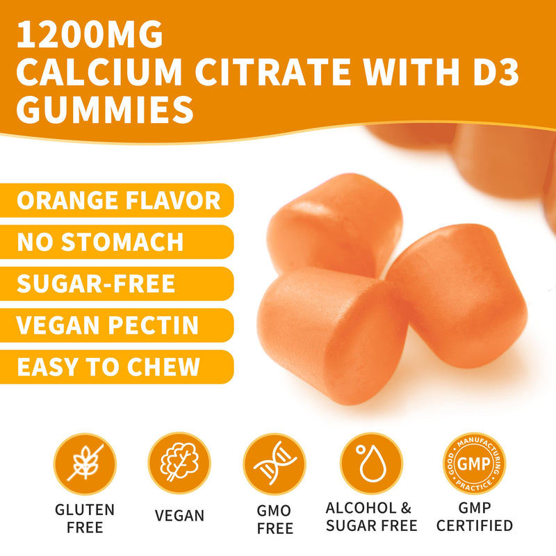 (3 Pack) Calcium Citrate 1200 mg Gummies with Vitamin D3, High Absorption Calcium Supplements for Women & Men, Sugar Free, Non-GMO, Gluten Free, Supports Muscle & Immune - Orange Flavor 60 Count (Pack of 3)