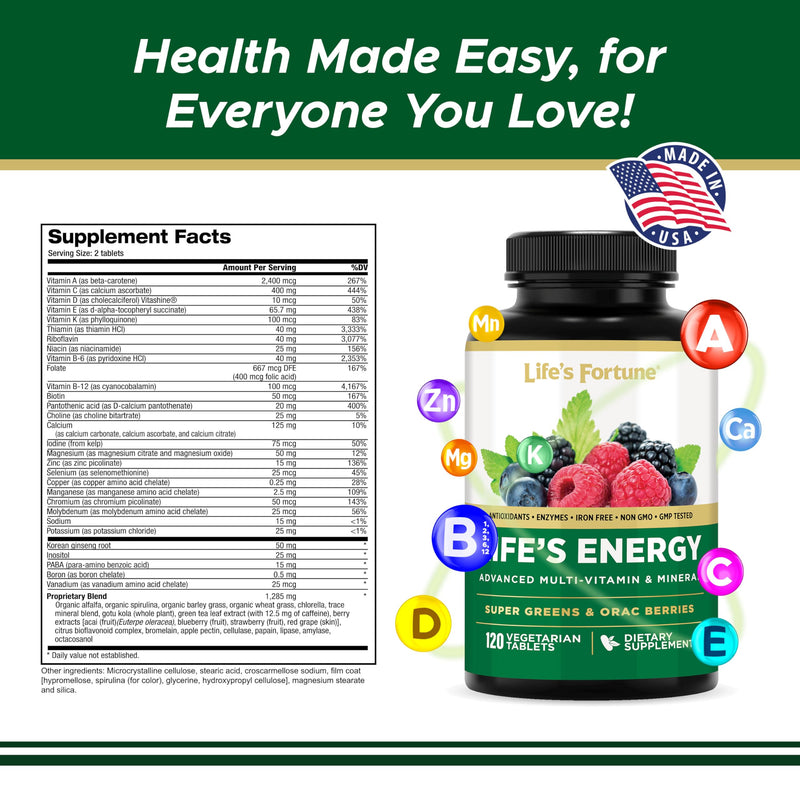Life's Energy Advanced Daily Multivitamin for Men & Women, Energy & Immune Support Supplement with Super Greens - Antioxidants & Enzymes - Iron Free, Vegetarian, 120 Tablets by Life's Fortune 120 Count (Pack of 1)