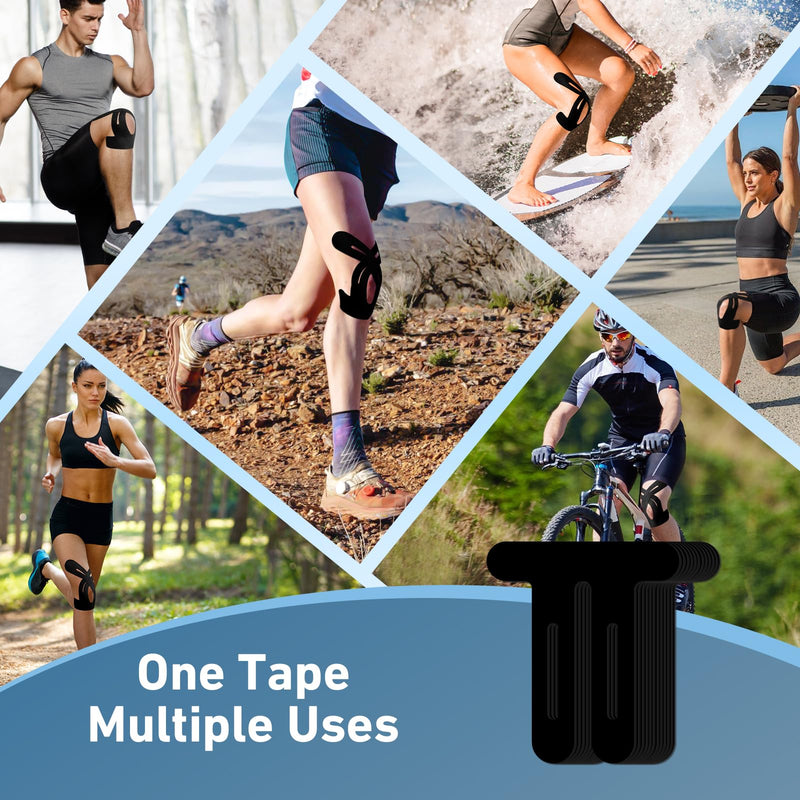PreCut Kinesiology Tape for Knees, KTQUICK 12 PCS 5% Extra Adhesive Knee Tape for Knee Pain Relief Pre Cut, Anatomical for Maximum Hold, Waterproof&Hypoallergenic Cotton Latex-Free for Sports (Black) 12PCS Black - BeesActive Australia