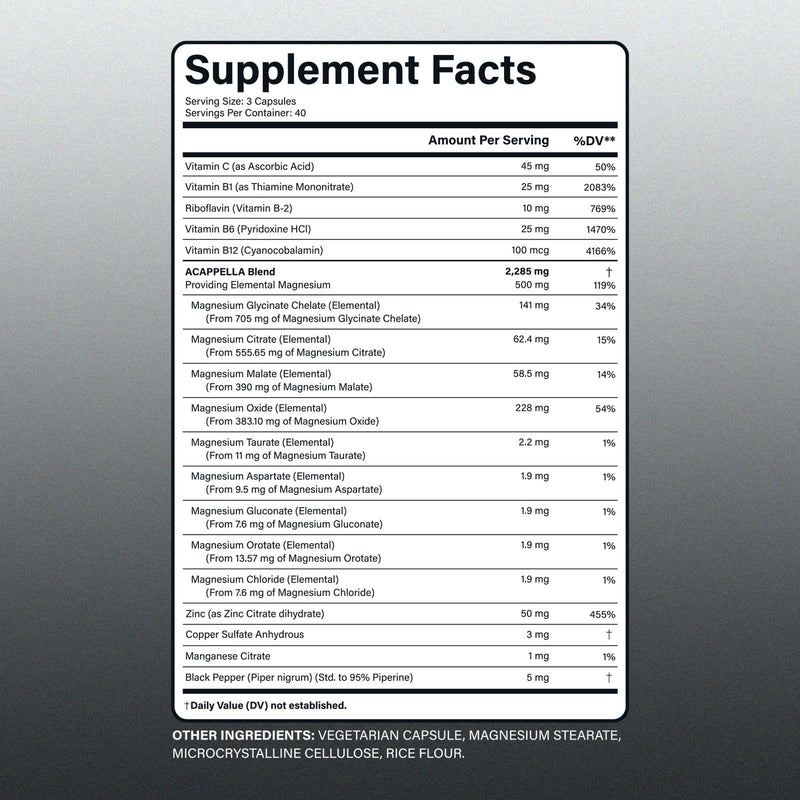 ACAPPELLA Magnesium Citrate Capsules with Magnesium Citrate Capsules Glycinate Malate Taurate Vitamin B Complex Supplement - 120 Count