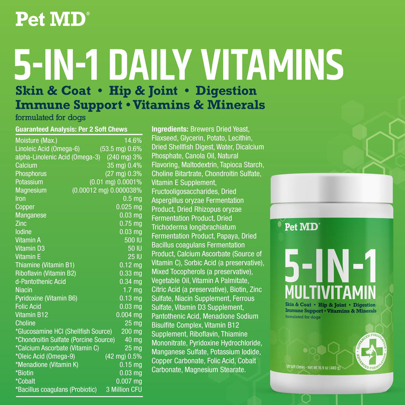 Pet MD 5in1 Dog Multivitamin - 30 Essential Vitamins, Minerals & Nutrients for Skin & Coat, Hip & Joint, Digestion, Immune & Senior Dog Vitamins - Glucosamine, Omega 3 6 9, & Probiotics - 120 ct - PawsPlanet Australia