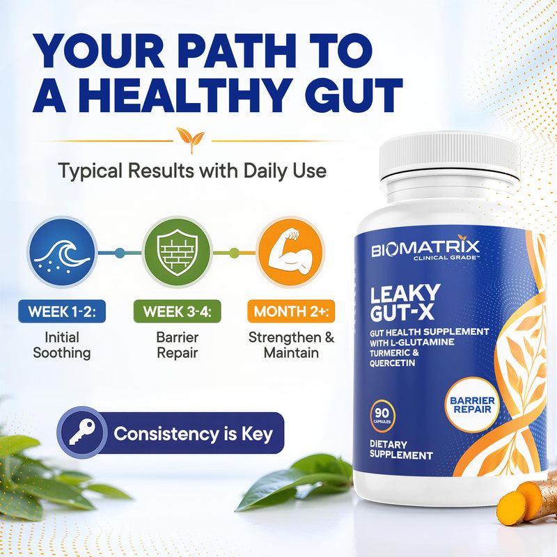 BioMatrix Leaky Gut Repair Supplement w/Glutamine, Quercetin, Cat's Claw, MSM, SIBO, Prebiotic Support, Intestinal Barrier Revive for Men and Women | 60-Day Supply – Leaky Gut-X