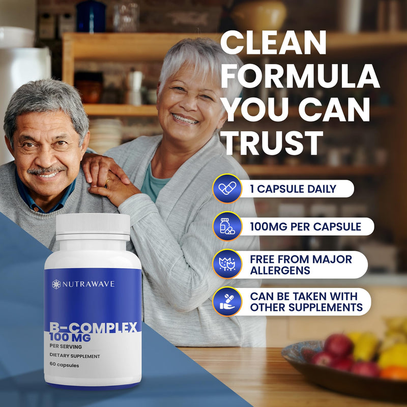 Nutra Wave Super B Complex Vitamins for Women & Men, High Potency B1 B2 B3 B5 B6 B7 B9 B12 with Choline & Myo-Inositol, Energy & Brain Support, Made in USA, Vegan Non-GMO, 60 Capsules 60 Count (Pack of 1)