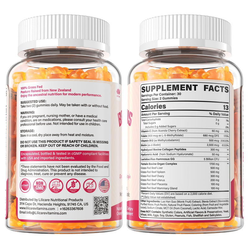 Beef Organ Supplement for Women Gummies, Ancestral Superfood Supplement, Grass-Fed Bovine Liver, Spleen, Ovary, Uterus, Placenta, Mammary Gland, Biotin for Beauty, Energy, Hormone, Sugar Free, 120 Cts 60 Count (Pack of 2)