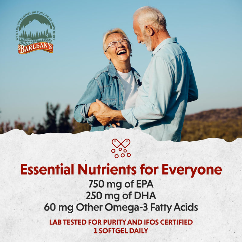Barlean's Ideal Omega 3 Nutritional Supplement Softgels with 1,000mg EPA/DHA for Heart, Mind, and Mood - Certified Sustainable Seafood, Pharmaceutical Grade - 30-Count | Wild-caught fish oil, EPA DHA omega-3, 1 softgel daily, Burpless, Non-GMO, Gluten-...