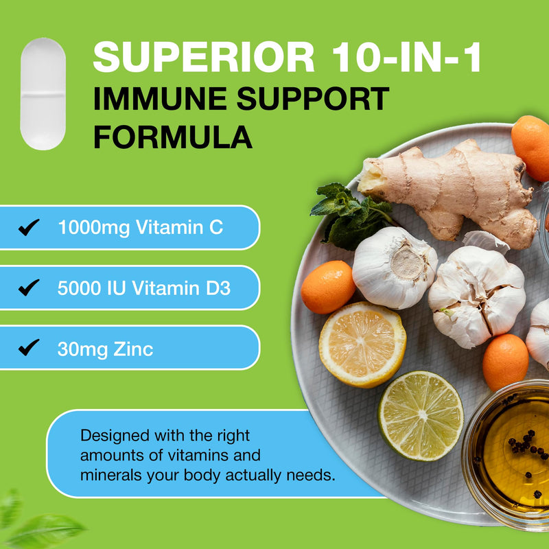 10 in 1 Immune System Support Supplement - Vitamin C (1000 mg), Quercetin, Vitamin D3 (5000iu), Zinc (40 mg), Elderberry, Echinacea, Turmeric, Ginger, Garlic, Black Pepper