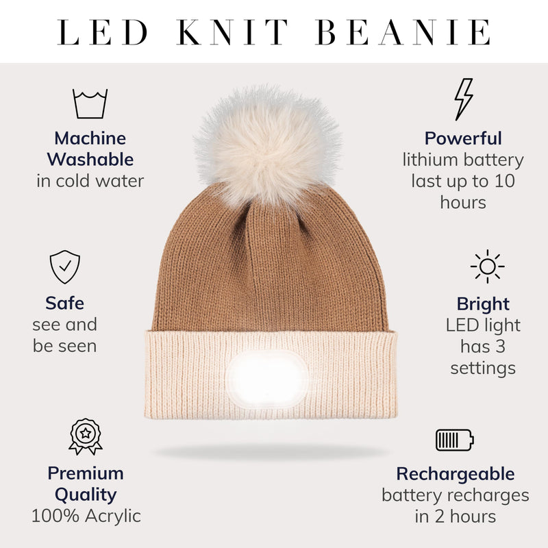 HEAD LIGHTZ Headlightz by Roq Innovation - POM POM Beanie with Light, Unisex LED Beanie Hat with Light Built in, Rechargeable Latte