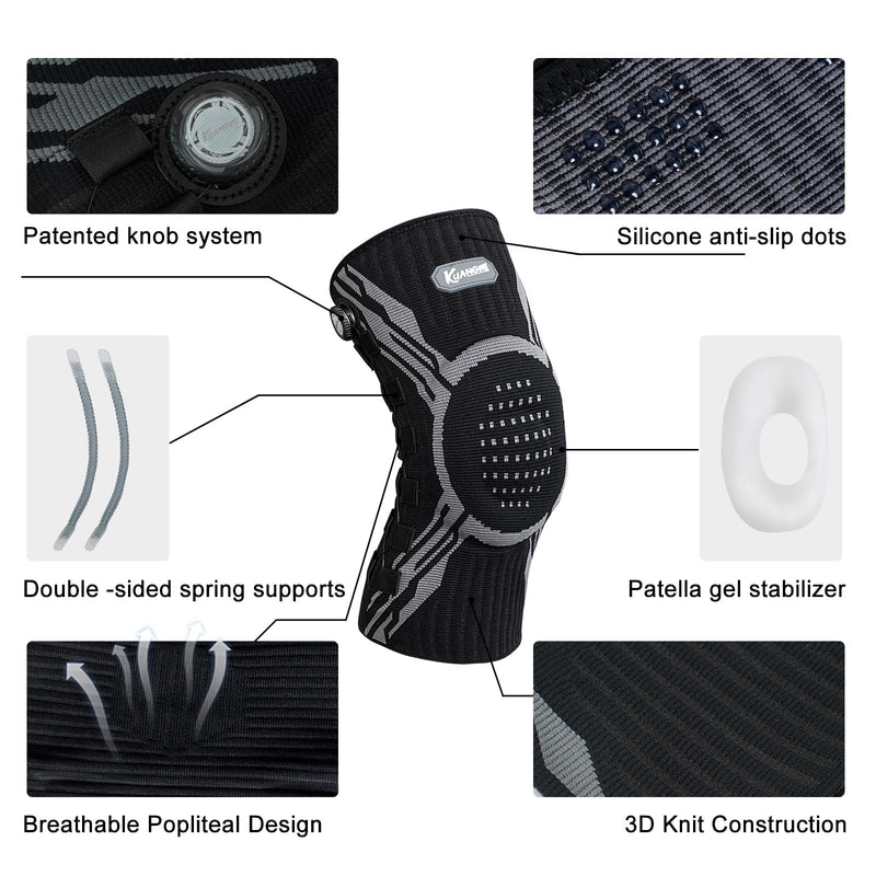 Kuangmi Knee Brace for Pain Relief & Support - Adjustable Compression Knob for Arthritis, Meniscus Tear, ACL - Stabilizes Joints for Men & Women During Sports, Running, Workout, B-L-XL X-Black+Left XL