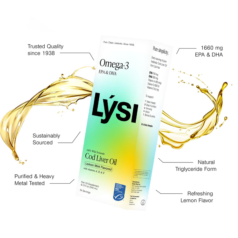 LYSI Icelandic Cod Liver Oil Liquid Supplement, Mint, 8.12 fl oz | 1,100 mg omega-3 per tsp, EPA 740 mg & DHA 920 mg per 2 tsp, vitamins A, D & E, 24 servings
