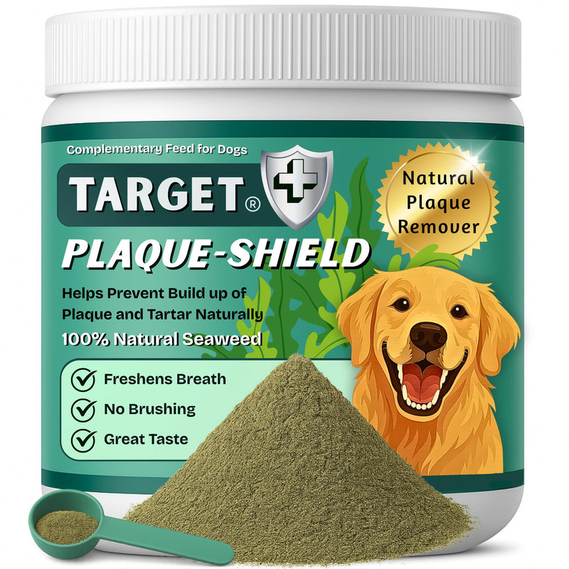 Target Plaque Shield | Seaweed Dental Powder for Dogs |150g | Helps Reduce Plaque & Tartar Build-Up, Fresh Breath Support | Dog Toothpaste & Toothbrush Alternative | Dental Stick Included