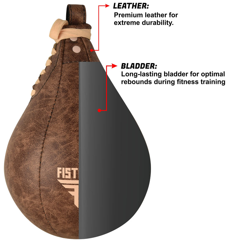 FISTRAGE Speed Bag Boxing Ball Leather MMA Muay Thai Training Punching Dodge Striking Kit with Free Hanging Swivel Workout Speedball Kicking Platform Equipment Vintage Beige