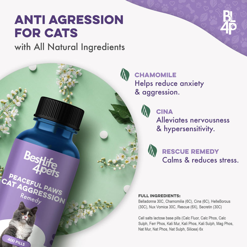 Anti Aggression for Cats Calming Remedy, A Natural Diffuser and Cat Calming Aid for Stress, Spiteful Spraying, Scratching & Territorial Behavior, Non-Drowsy, 400 Odorless, Tasteless Pills Kitten - 400 Pills