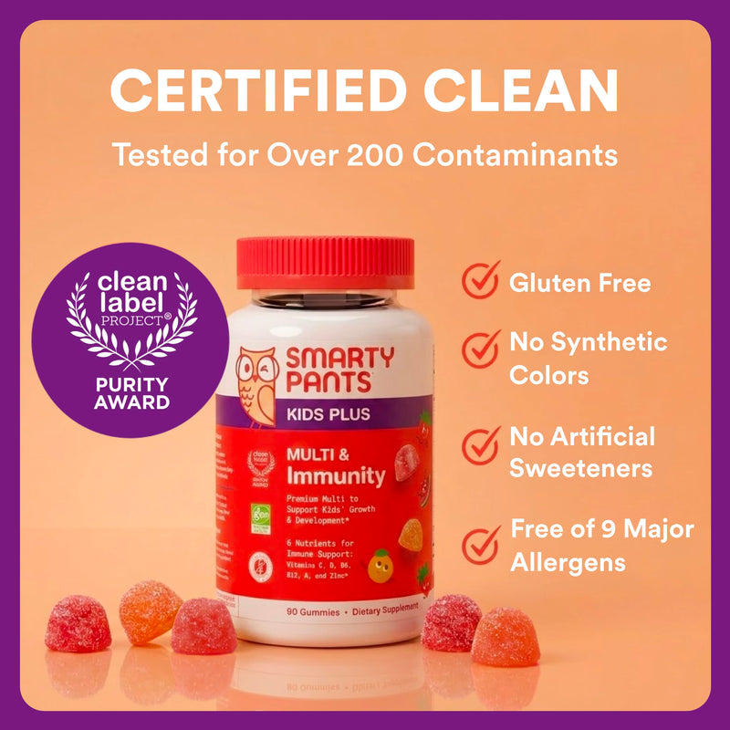 SmartyPants Kids Plus Multi & Immunity Multivitamin Gummies with Vitamins C, D, B6, B12, A, Zinc, Biotin, Iodine, Gluten Free, Clean Label, Two Fruit Flavors, 60 Gummies (30 Day Supply) 1 Count (Pack of 1) Multi + Immunity