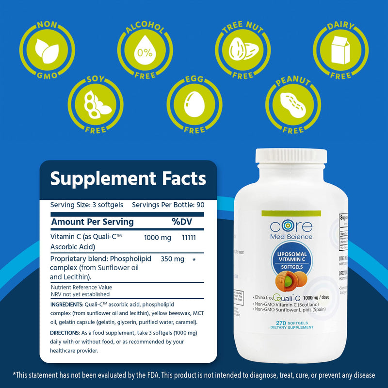 Liposomal Vitamin C 1000mg by Core Med Science, 270 Softgels - Non-GMO Natural Liposomal Vitamin C Supplement That Promotes Healthy Skin - Immune System Booster for Adults, Supports Collagen Formation 270 Count (Pack of 1) - BeesActive Australia