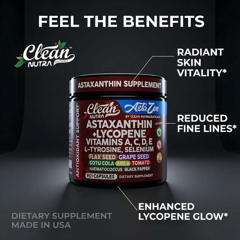 Clean Nutra Astaxanthin 12mg Lycopene Supplement with Vitamin A C D3 E, L-Tyrosine, Selenium, Flax, Grape Seed, Gotu Kola, Amla, Black Pepper, 90 Complex Veggie Capsules