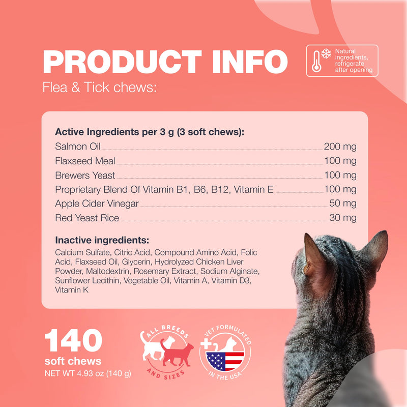 Flea Treatment for Cats - Daily Oral Cat Flea and Tick Treatment Chews - Chewable Kitten Flea Treatment - Soft Treats for All Breeds & Ages - Natural Chicken-Flavor Flea and Tick Supplement for Cats 140 count - BeesActive Australia