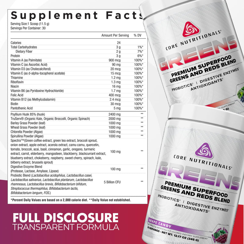 Core Nutritionals Greens, Digestive Support, Chocolate Decadence, 30 Serv. | Daily Wellness Support, Reds & Greens Superfood Blend, 5 Billion CFU Probiotics, Digestive Enzymes, Antioxidants