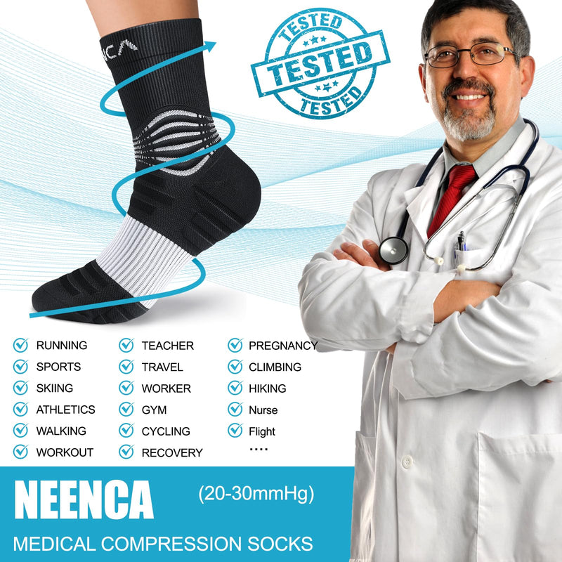 NEENCA Professional Compression Socks for Women Men Circulation, 20-30 mmHg Black White Medium