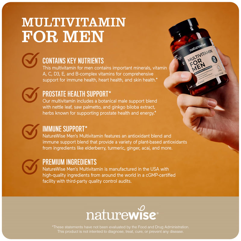 NatureWise Multivitamin for Men - Daily Male Support - Minerals & Herbs for Energy, Performance, Immunity - with Vitamin A, C, D, B-Complex - Soy & Gluten-Free, Non-GMO - 90 Capsules[45-Day Supply] Unflavored 90 Count (Pack of 1)