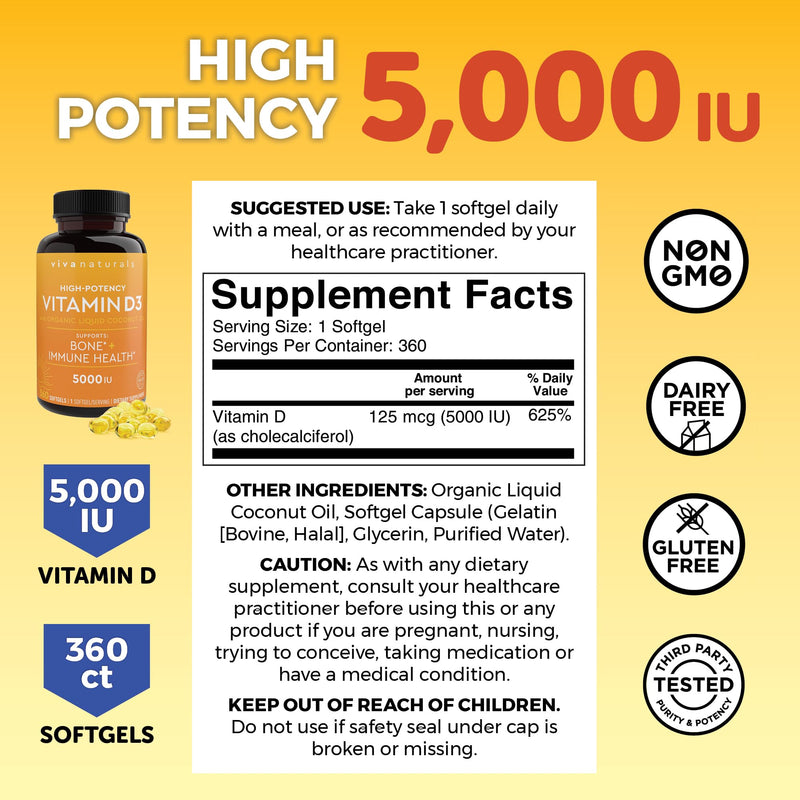 Viva Naturals Vitamin D3 5000 IU Softgels, Supports Bone & Immune Health, High Potency Vitamin D, 360 Count (125 mcg), (Pack of 2) 360 Count (Pack of 2)