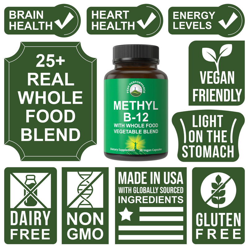 Peak Performance Methyl B12 Vitamin + Whole Food Vegan Supplement Capsules | With Blend of 25 Vegetables & Fruits for Max Absorption. Vitamin B12 Methylcobalamin. Methyl B-12 for Energy, Focus + Relief