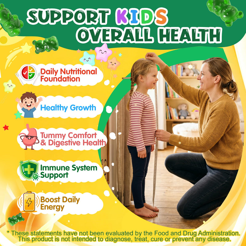 Kids Multivitamin Gummies w/Super Greens, 30 Veggie, Fruit, Iron, Daily Vitamin A C E D3 B12, Zinc, Probiotic, Shiitake, Kids Vitamins for Picky Eater Growth, Immunity, Digestion, Sugar Free, 60Cts