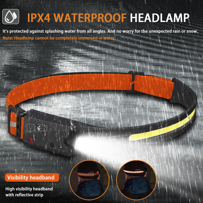 Rechargeable Headlamps, 5 Light Modes, 230° Wide Beam Spotlight with Motion Sensor, Lightweight Waterproof LED Headlight with Clips for Hardhat, Head Lamp for Camping Running (4, Orange) 4