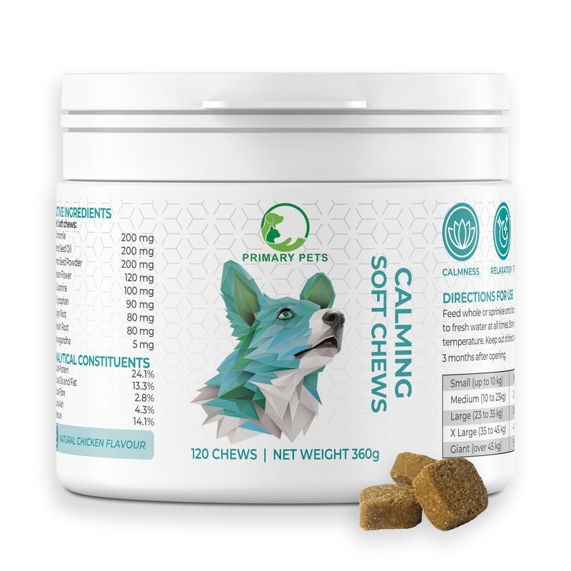 Primary Pets Premium Pet Supplies Calming Treats for Dogs, for Dog Barking, Anxiety, Stress, Fear, Hyperactivity, Aggression, Travel Anxiety, 120 Soft Chews 120 Chews