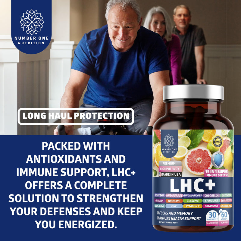 N1N LHC+ 15-in-1 Immune Support Supplement with Spirulina, Turmeric, Ginseng, Guarana, Vitamin D and Vitamin C for Immunity, Energy and Long-Haul Relief, 60 Veg Caps, Bottle Color May Vary