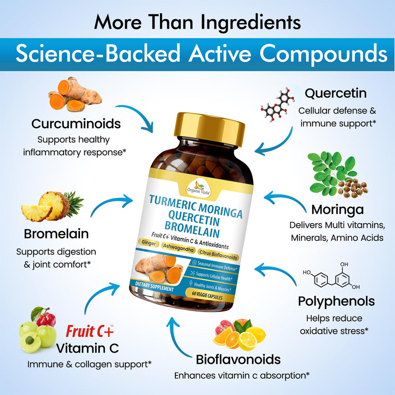 Organic Veda Quercetin with Bromelain Supplement Turmeric Moringa Powerful Antioxidants for Immune Support, Natural Respiratory Health - Super Fruits Vitamin C with Citrus Bioflavonoids - 60 Capsules