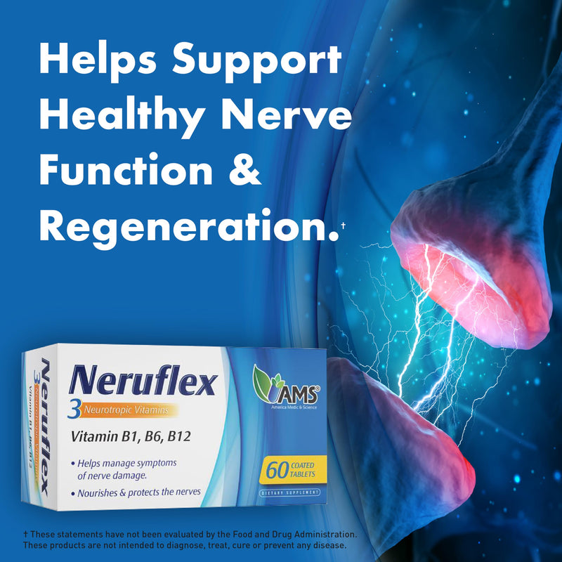 America Medic & Science NeruFlex 60ct – Nerve Support Supplement with Essential B-Vitamins – Supports Nervous System Health & Energy Production – 60 Tablets