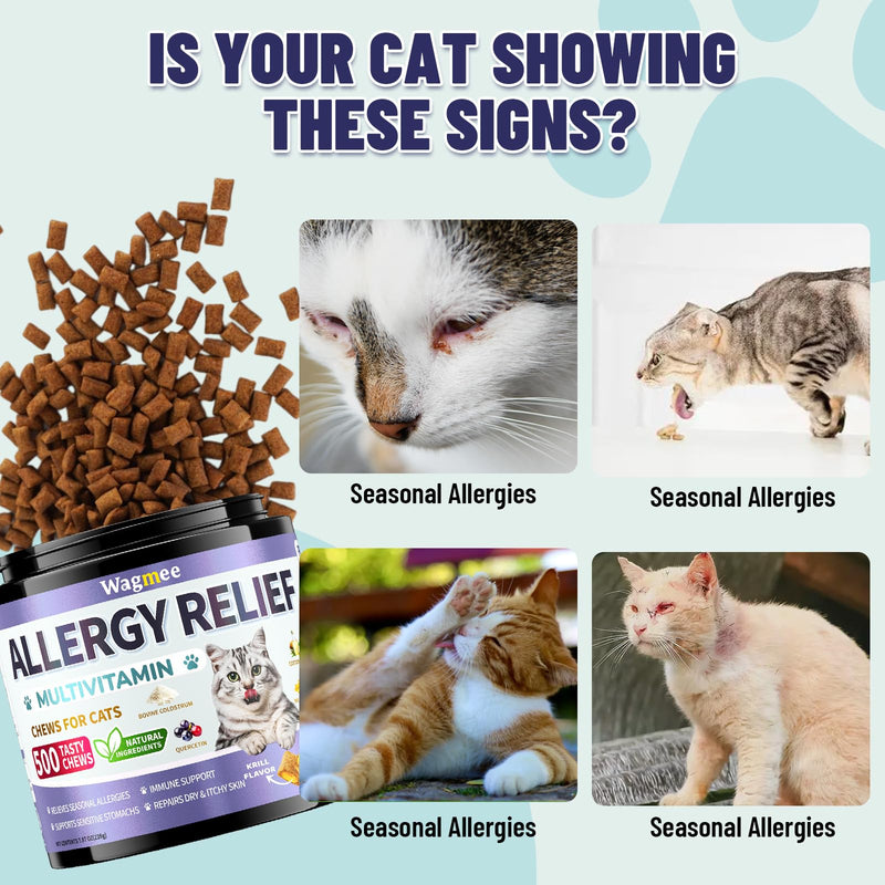 Cat Allergy Relief Chews – 500 Crunchy & Creamy Treats for All Breeds – Cat Itchy Skin & Seasonal Allergy Relief with Multivitamin and Omega-3 for Skin Health, Chicken & Krill Flavor