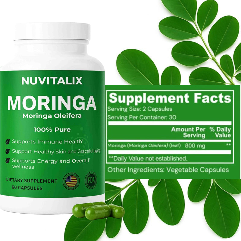 60 Moringa Pure Capsules | Organic Moringa Leaf Extract Supplement | Boost Energy, Skin, Immunity, Mental & Gut Health | Vegan Green Superfood 1