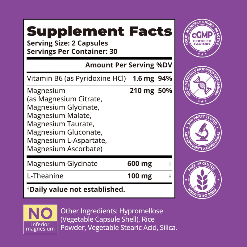 7-in-1 Magnesium Complex for Women for Sleep, 60 Vegan Capsules | With 600mg Magnesium Glycinate & L-Theanine & Vitamin B6 for Stress Relief & Cortisol Balance Support, Non-GMO, Gluten Free 60 Count (Pack of 1)