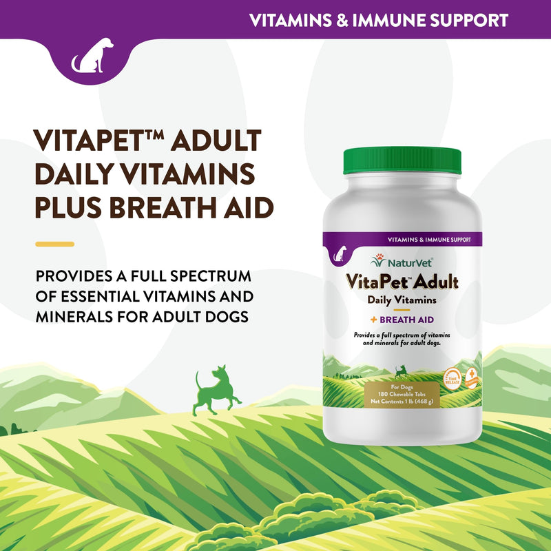 NaturVet - VitaPet Adult Daily Vitamins for Dogs - Plus Breath Aid - Provides a Full Spectrum of Vitamins & Minerals - Enhanced with Omega-6 Fatty Acids (180 Time Release Chewable Tablet 180 Count - PawsPlanet Australia