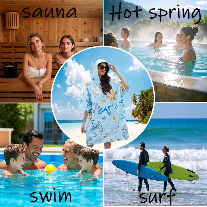 Surf Poncho Hooded Beach Towel Quick Dry, Terry Cloth Changing with Oversize Pockets, Swim Cover Up for Adults Men & Women Surfing Beach Aquatics, Gift for Swimmer Lovers Blue Shell 43.3"L x 33.5"W