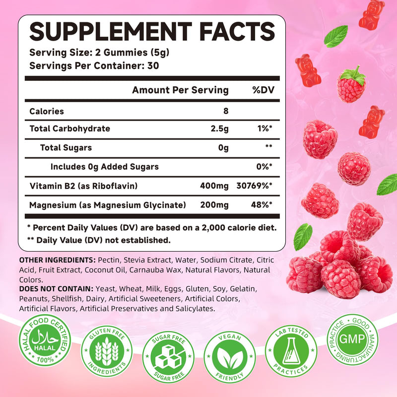 Vitamin B2 Gummies 400mg – Riboflavin Supplement with Magnesium for Kids & Adults | Supports Nervous System & Energy Production | Sugar Free, Vegan, Non-GMO, Raspberry Flavor - 60 Count 60 Count (Pack of 1)