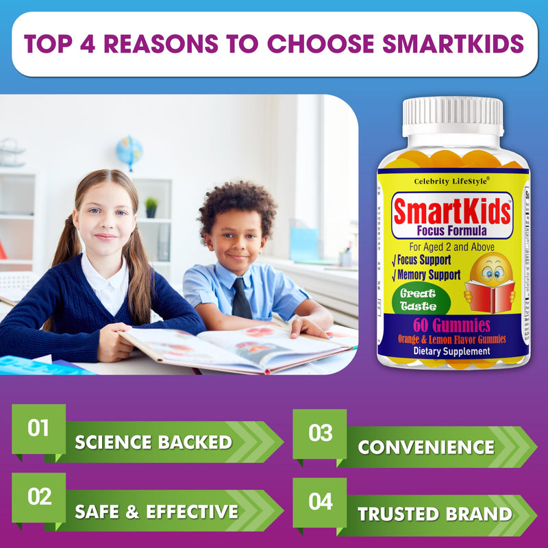 Smart Kids Focus Gummies with Omega 3 6 9 DHA, Brain Support Teen Vitamin, Kids Focus and Attention Supplements, Vegetarian Memory Supplement for Brain, Orange Flavor 60 Gummies