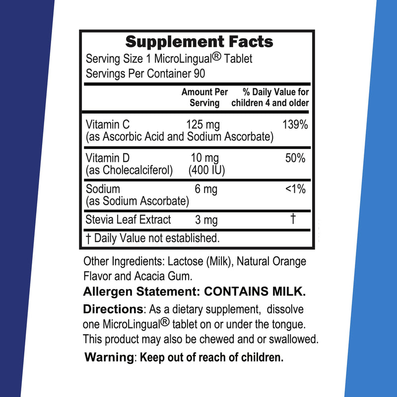 Superior Source Kid's Vitamin C & D3 Clean Melts - Immune Support Supplement for Children - Less Sugar - Non-GMO & Gluten-Free - 90 MicroLingual Instant-Dissolve Melts 30 mcg, 400 IU