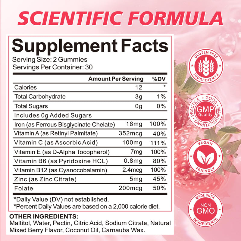 Iron Gummies for Women, Men & Kids for Energy Support & Immune Health | Vegan Iron Supplement Gummies with Vitamin C, B12, Folate, Sugar Free, 60 Gummies (Pack of 2) 120 Count (Pack of 1)