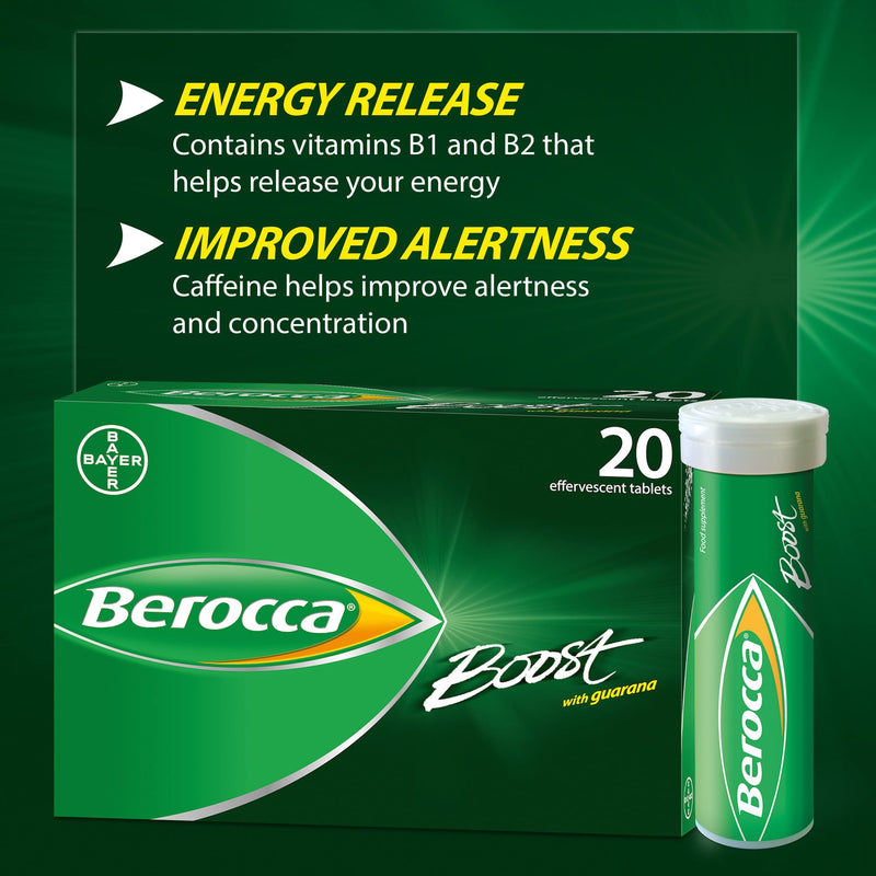 Berocca Boost Multivitamin Tablets Pack Of 20 | Caffeine Tablets With Guarana, Vitamin B12, Vitamin C And Magnesium, Helps Support Energy Release And Alertness