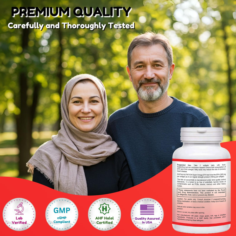 SHIFAA NUTRITION Halal Fish Oil Softgels 60 Ct, Double Strength - Halal Omega 3 Fish Oil Supplements. Wild Caught, Non-GMO & Purified 1 Count (Pack of 60)